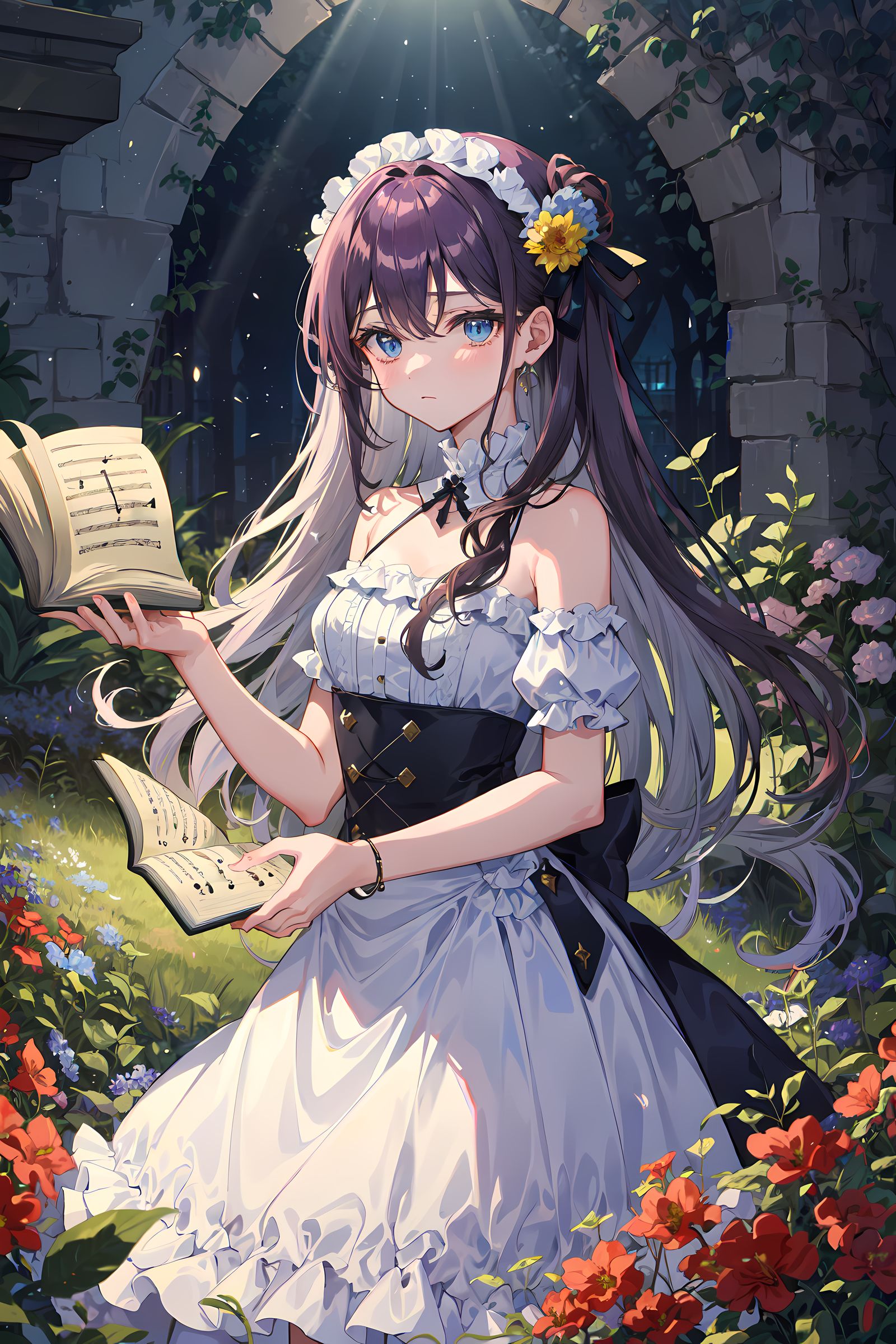 在花丛中阅读的女孩