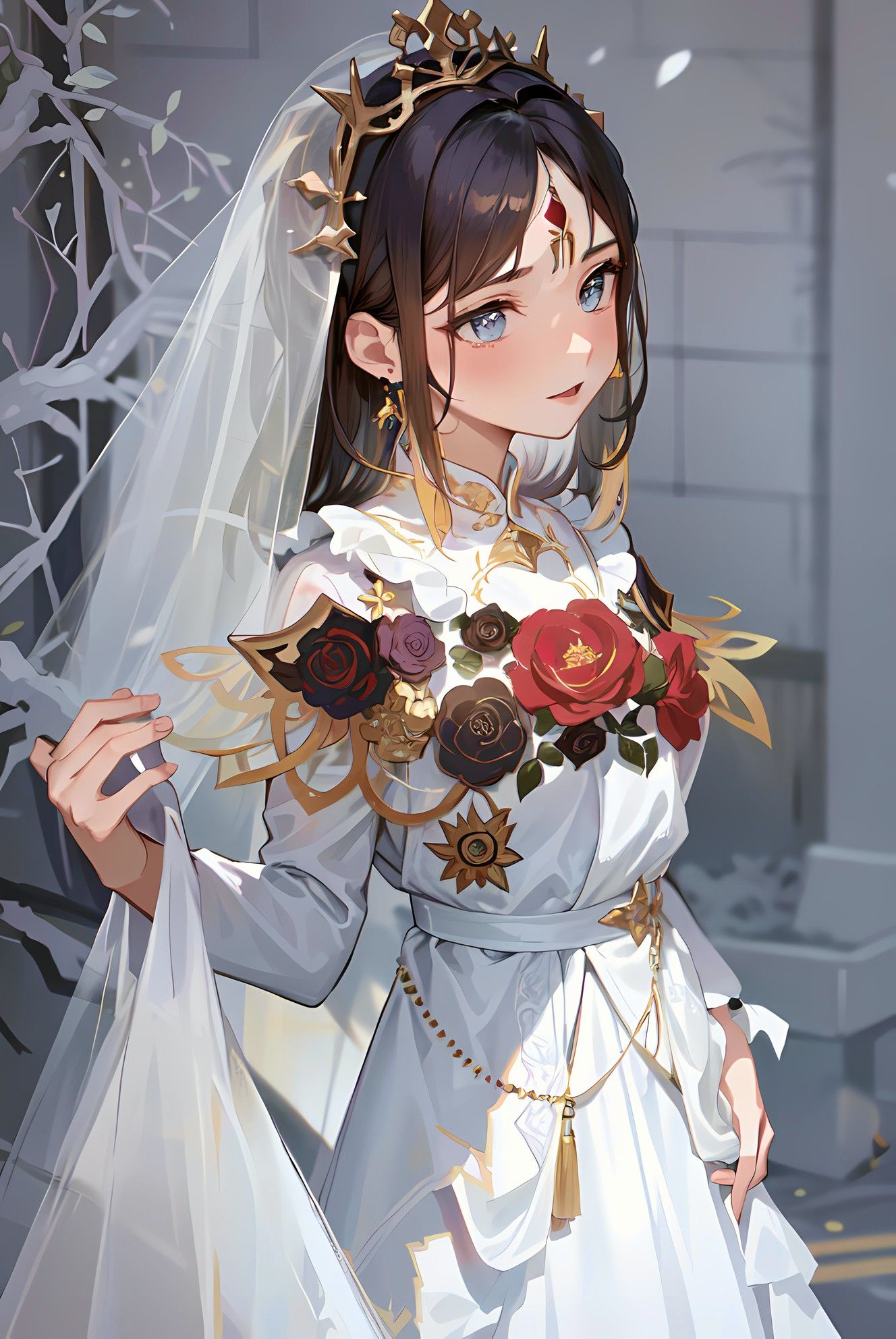 纯洁的新娘闺房里，独立一女孩佩戴着耳钉，身着长袖白纱，伴随着玫瑰和花瓣，静静地等待。插画图片壁纸