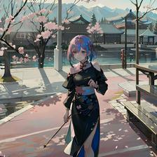 樱花树下，独自观花的少女。插画图片壁纸