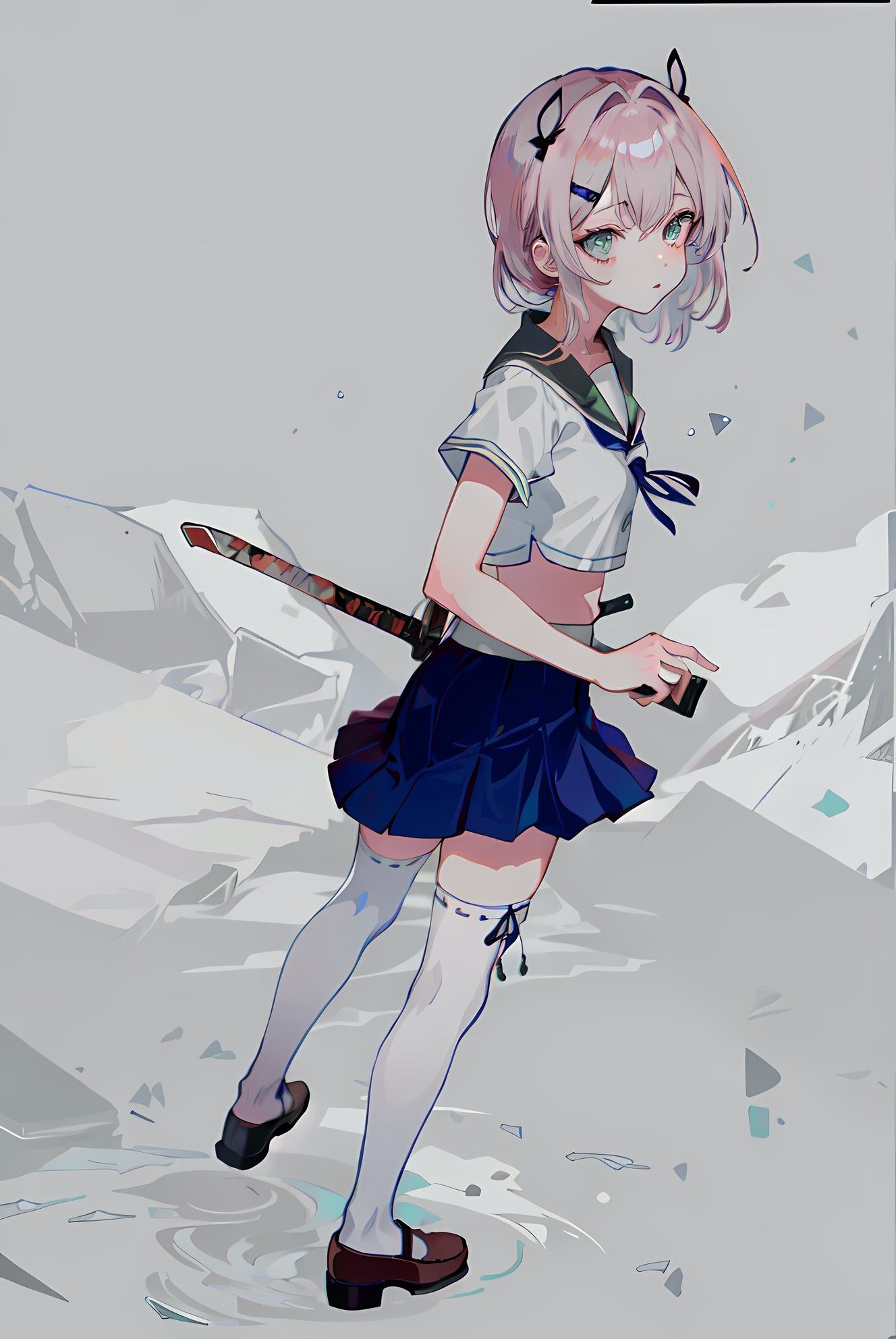 剑·短裙·高筒袜·校服·日本刀插画图片壁纸
