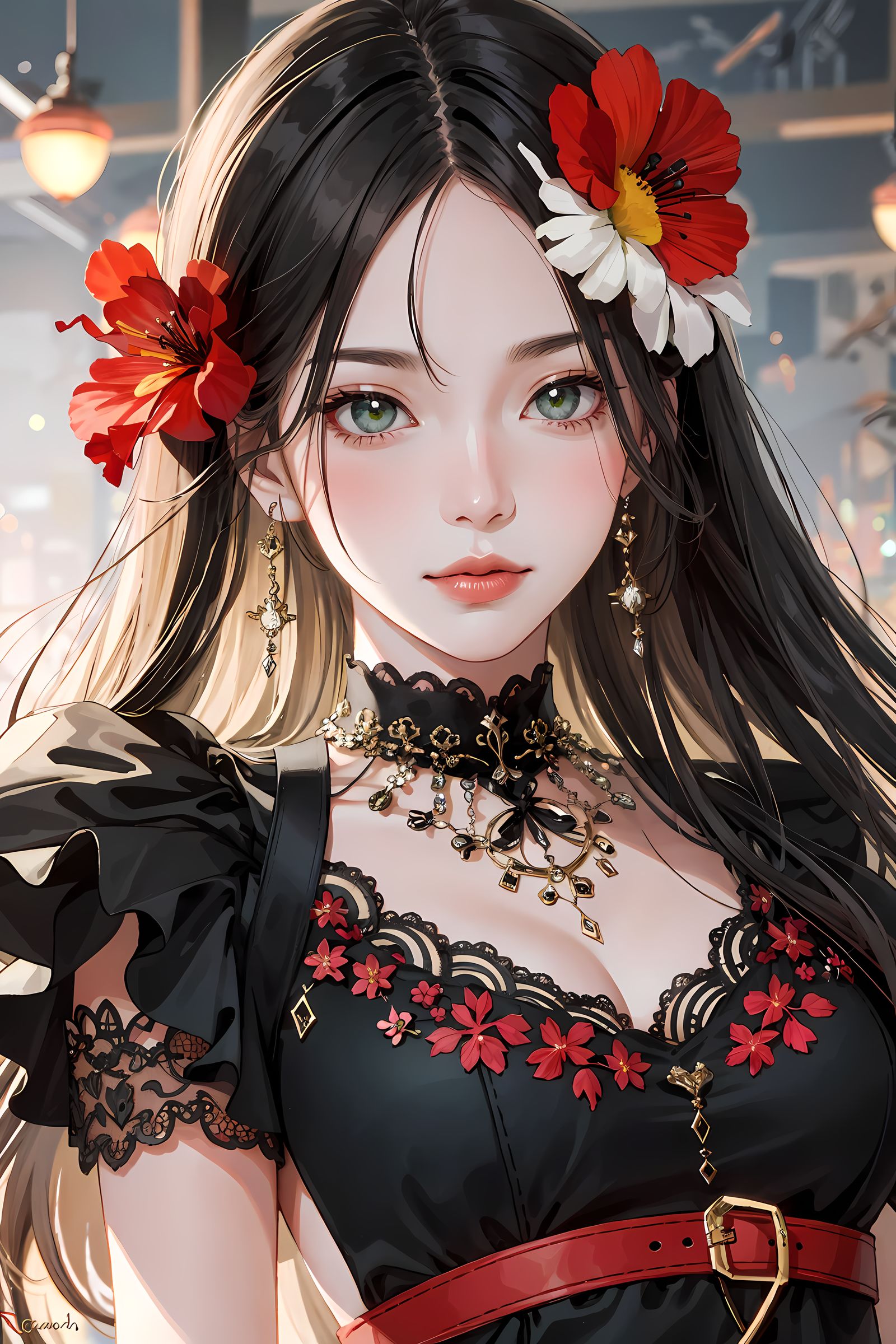 红花绿瞳，华丽长发，美丽珠饰，独自妩媚。插画图片壁纸
