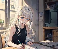 银发长发美少女在室内写作，手握笔、纸、书，双眼明亮，十分专注。