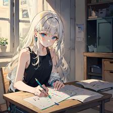 银发长发美少女在室内写作，手握笔、纸、书，双眼明亮，十分专注。插画图片壁纸