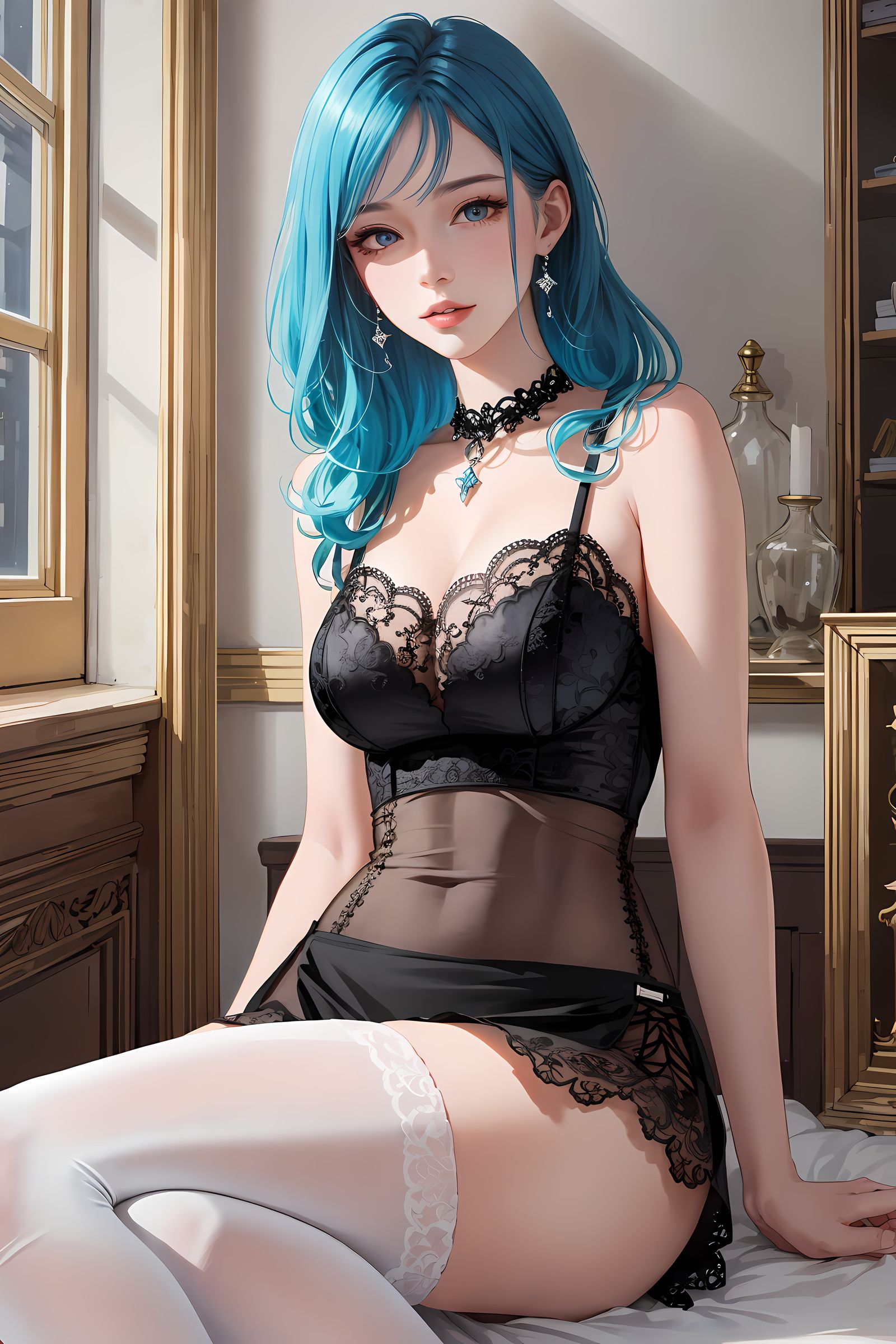 蕾丝女孩：白腿长发美眸插画图片壁纸