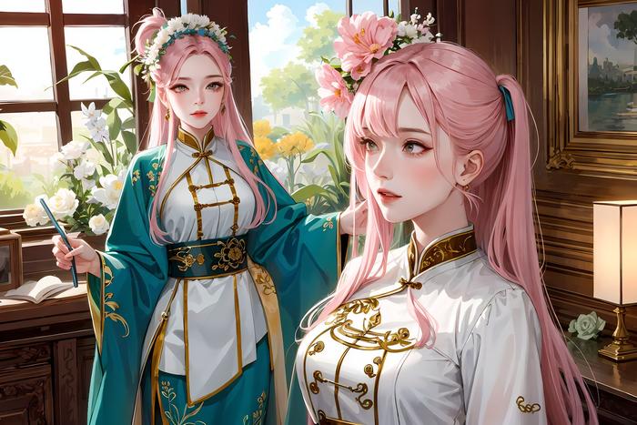 二次元女孩穿中式服装手拿书站在窗前，散发着粉色头发静静欣赏花朵，一边戴上耳环一边佩戴各式珠宝。www插画图片壁纸