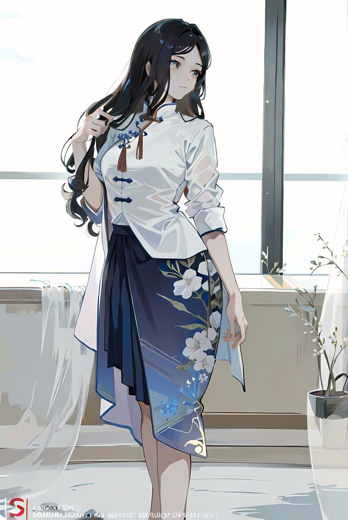 花衣少女立窗前插画图片壁纸