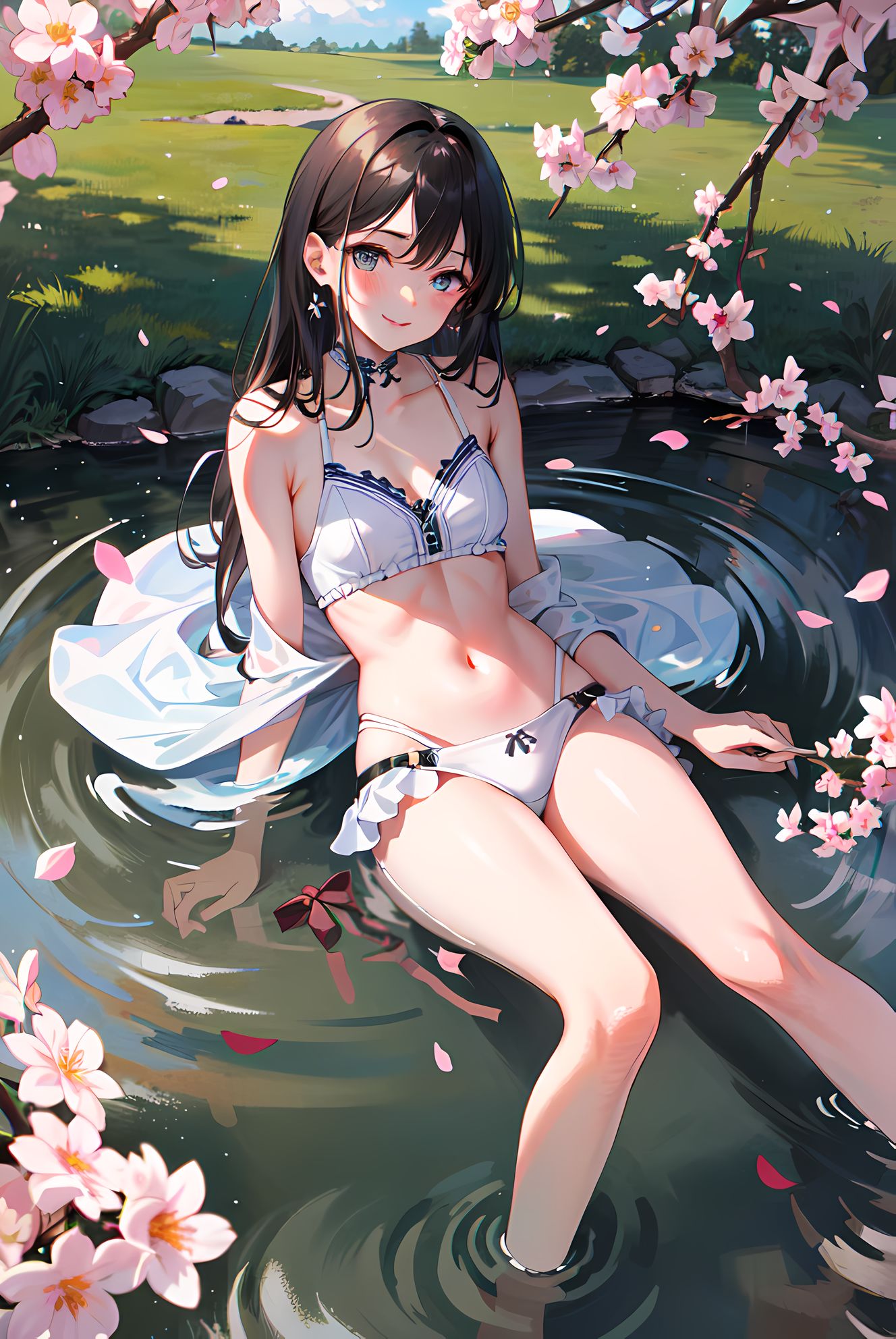 花落水面，美少女微笑。