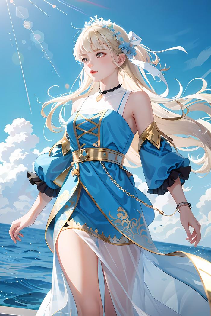 蓝天白云长发仙女低胸披肩，海风拂面。插画图片壁纸
