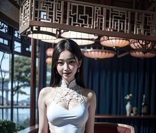 黑发中国风美少女独坐，珠宝和耳环熠熠生辉。