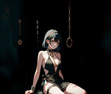 漆黑印象下的少女独坐链上，闪耀珠宝，长裙高跟，吸着眼球的美胸，多彩耳坠，紧勒大腿的绑带。