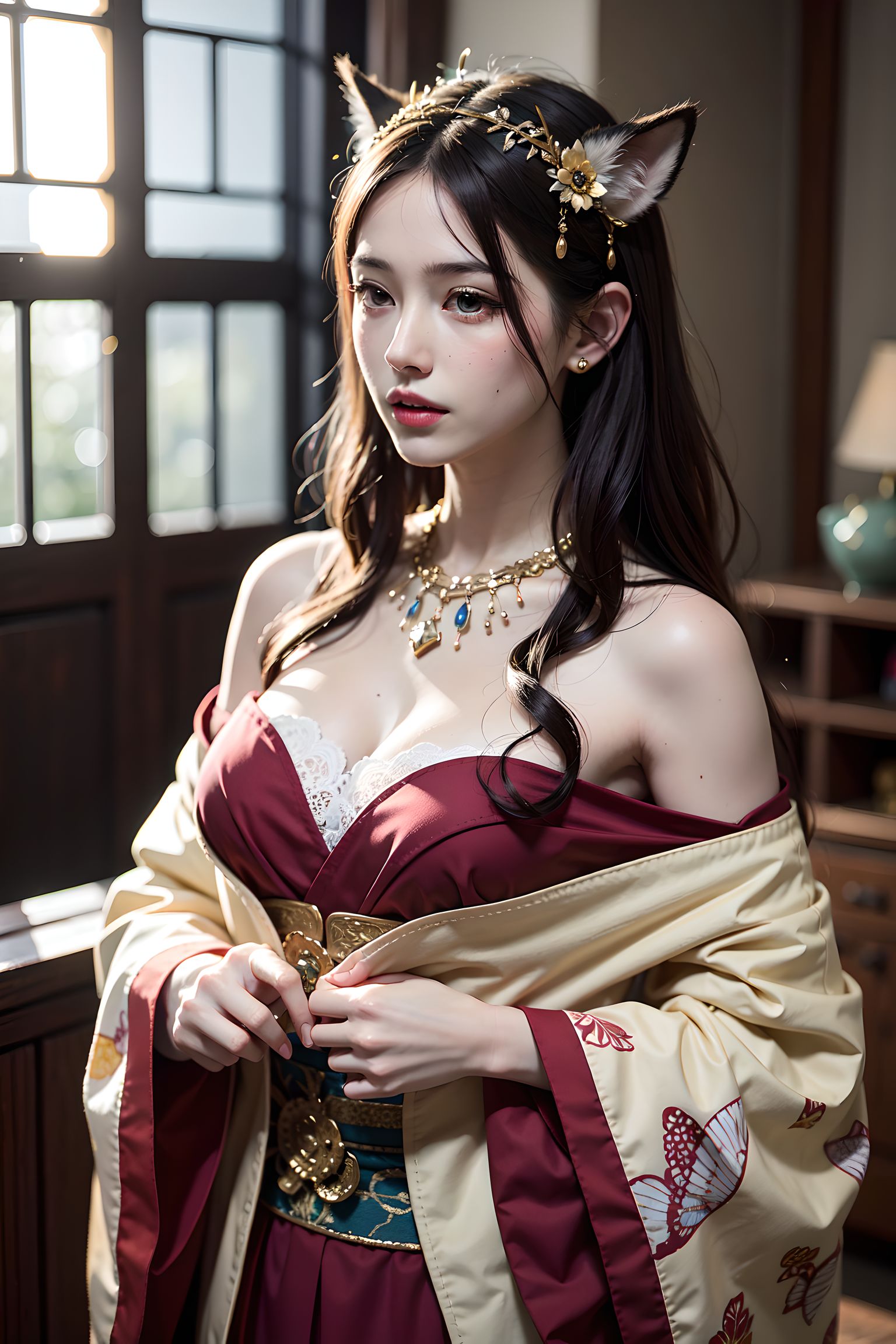 二次元美少女寂寞宅家，宝石耳环配蕾丝项链，浓密发丝丝丝摆动。插画图片壁纸