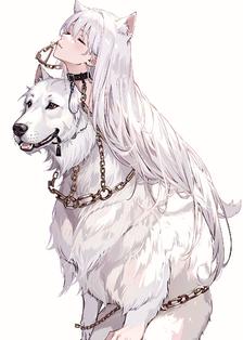 银发少女与银链宠物狗骑狗插画图片壁纸