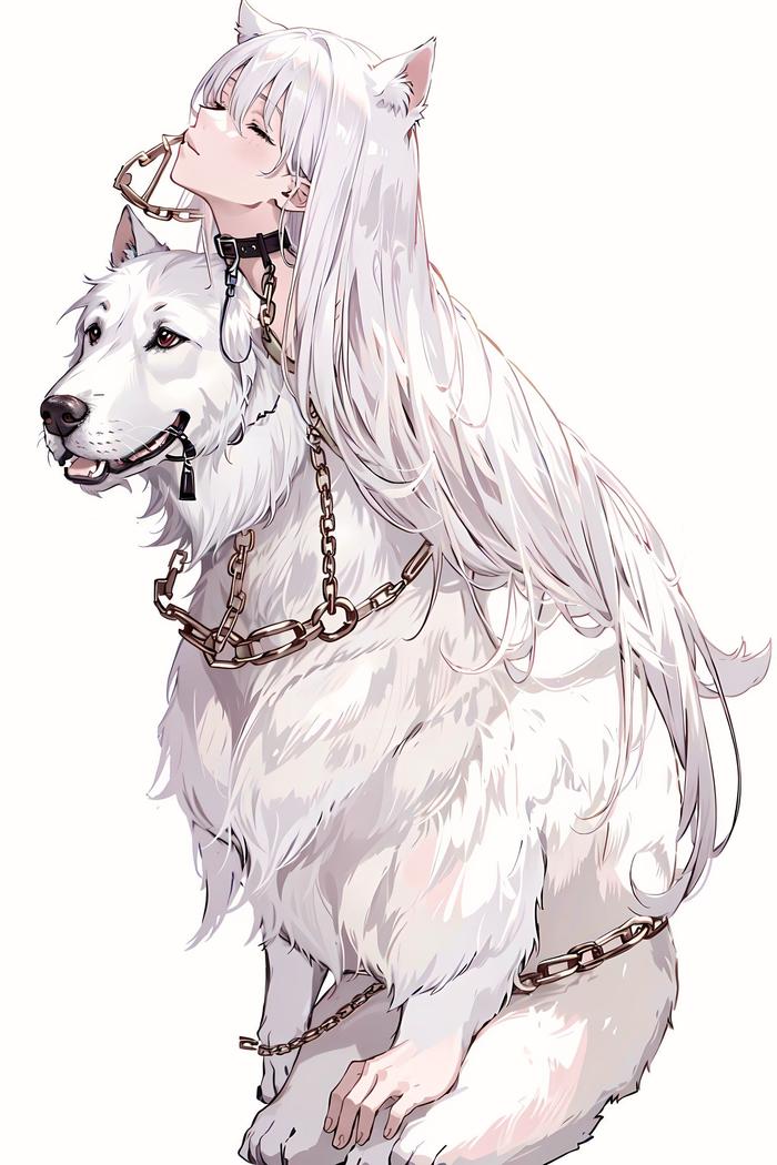 银发少女与银链宠物狗骑狗插画图片壁纸