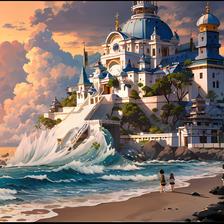 海岸夕阳二次元，海边的城堡插画图片壁纸