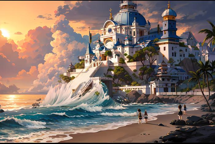 海岸夕阳二次元，海边的城堡插画图片壁纸