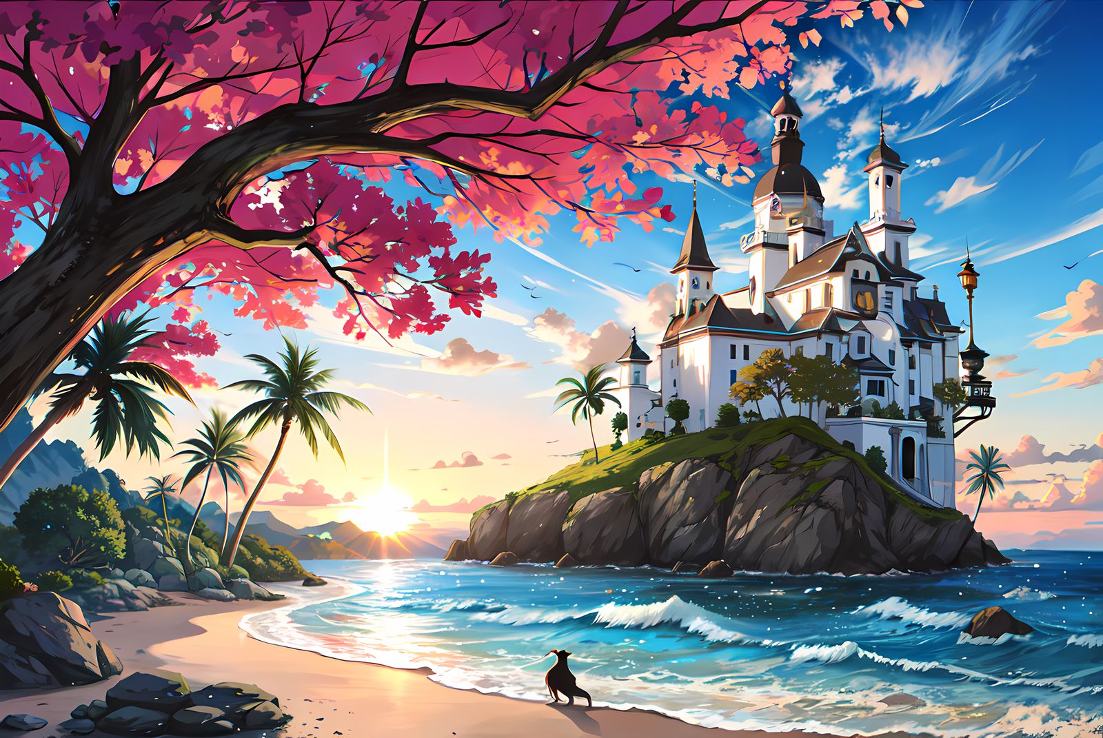 树海山湖梦，二次元御宅族。海边城堡插画图片壁纸