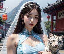 身后是模糊东方建筑  Chinese-dressed girl walks dog through a blurred East Asian cityscape