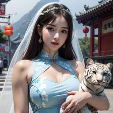 身后是模糊东方建筑  Chinese-dressed girl walks dog through a blurred East Asian cityscape插画图片壁纸