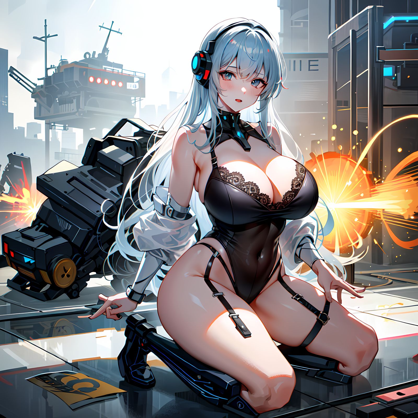 二次元大胸少女穿过巨型耳机之门微笑示人插画图片壁纸