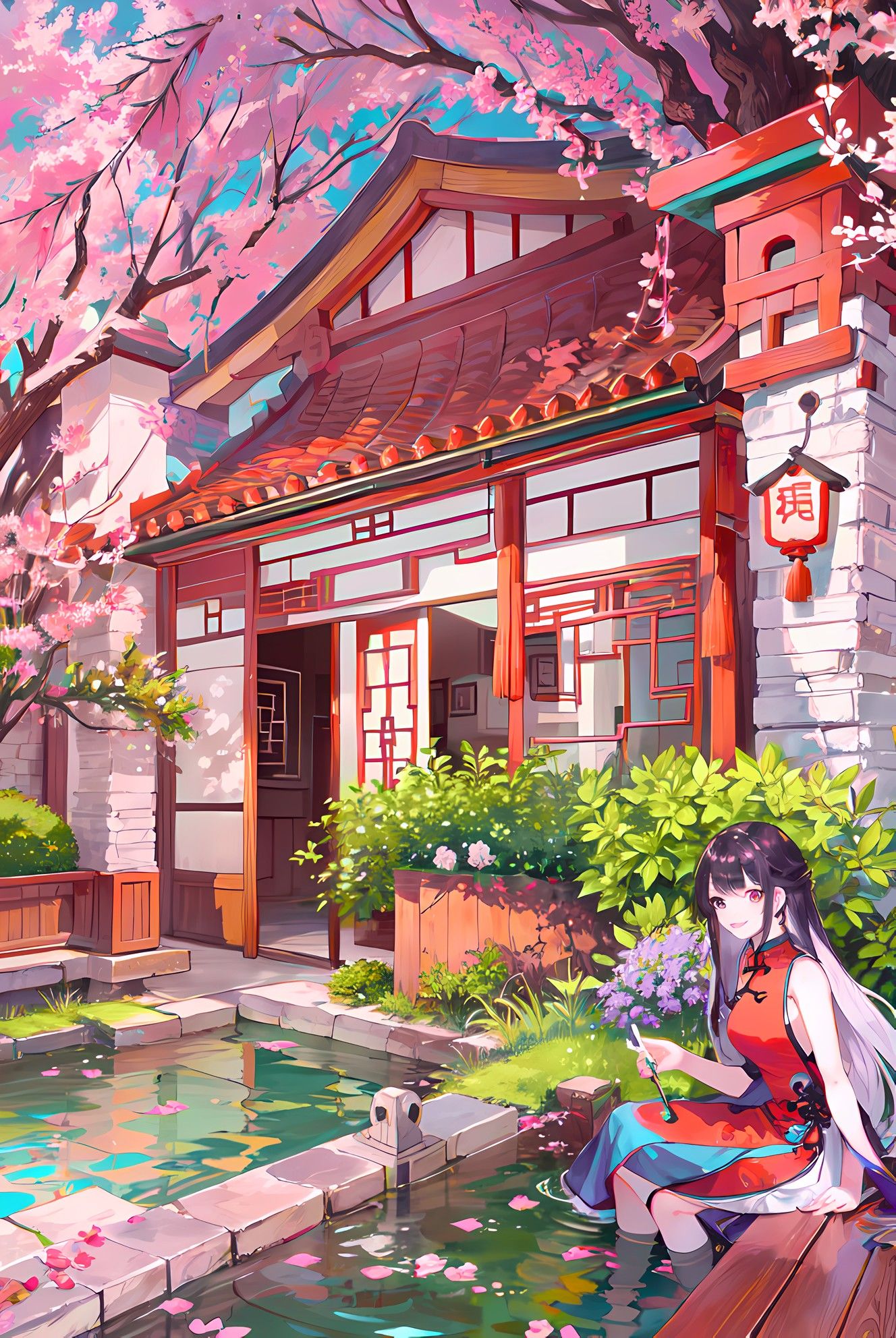 樱花树下，长发少女独坐，花瓣飘飘，古风日式庭院。插画图片壁纸