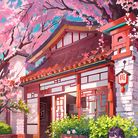 樱花树下，长发少女独坐，花瓣飘飘，古风日式庭院。