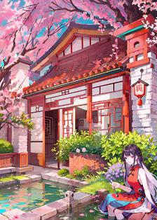 樱花树下，长发少女独坐，花瓣飘飘，古风日式庭院。插画图片壁纸