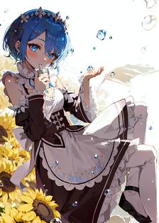 一位穿着蓝色制服的女仆捧着太阳花插画图片壁纸