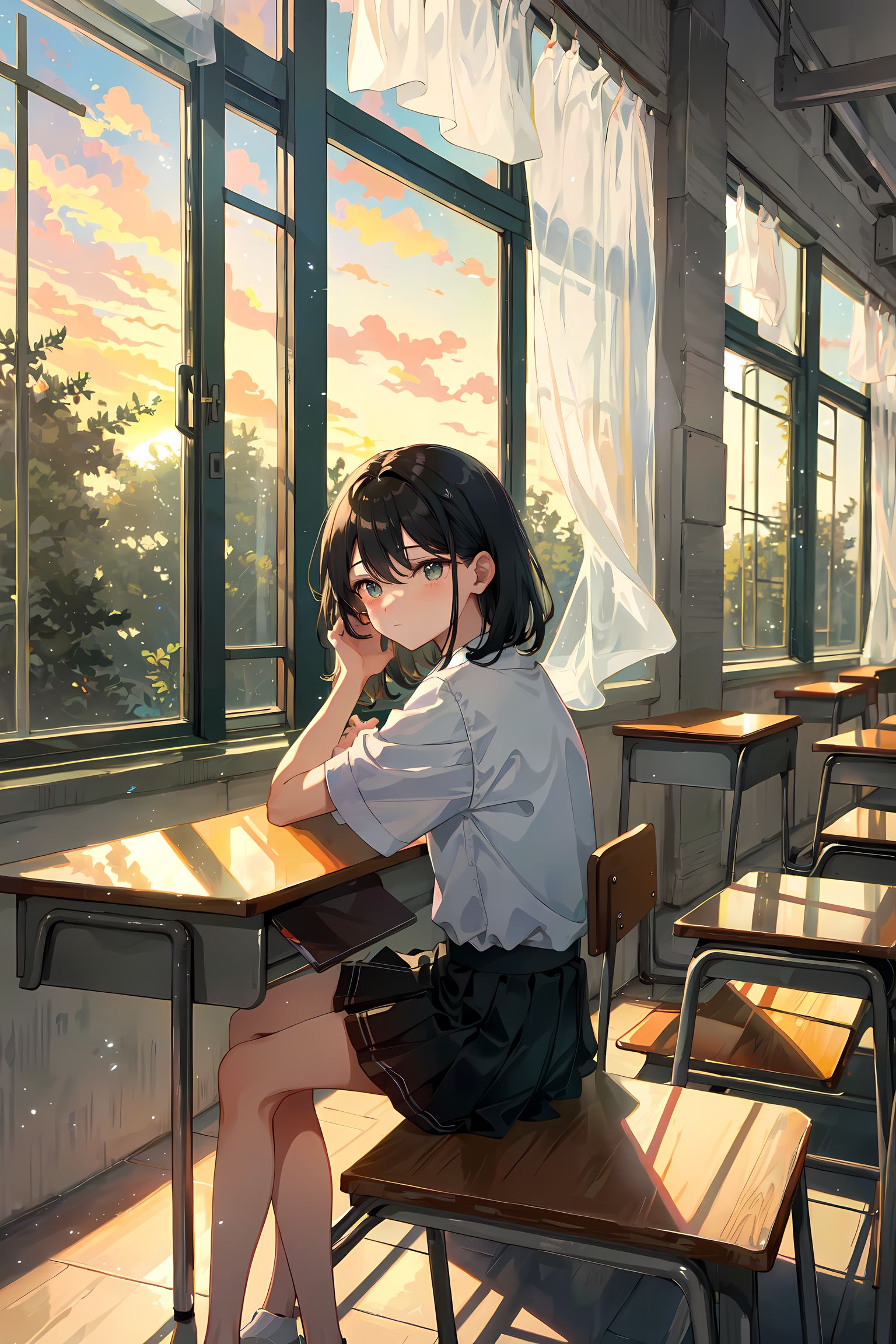 校园华美落日，窗前独坐少女。插画图片壁纸