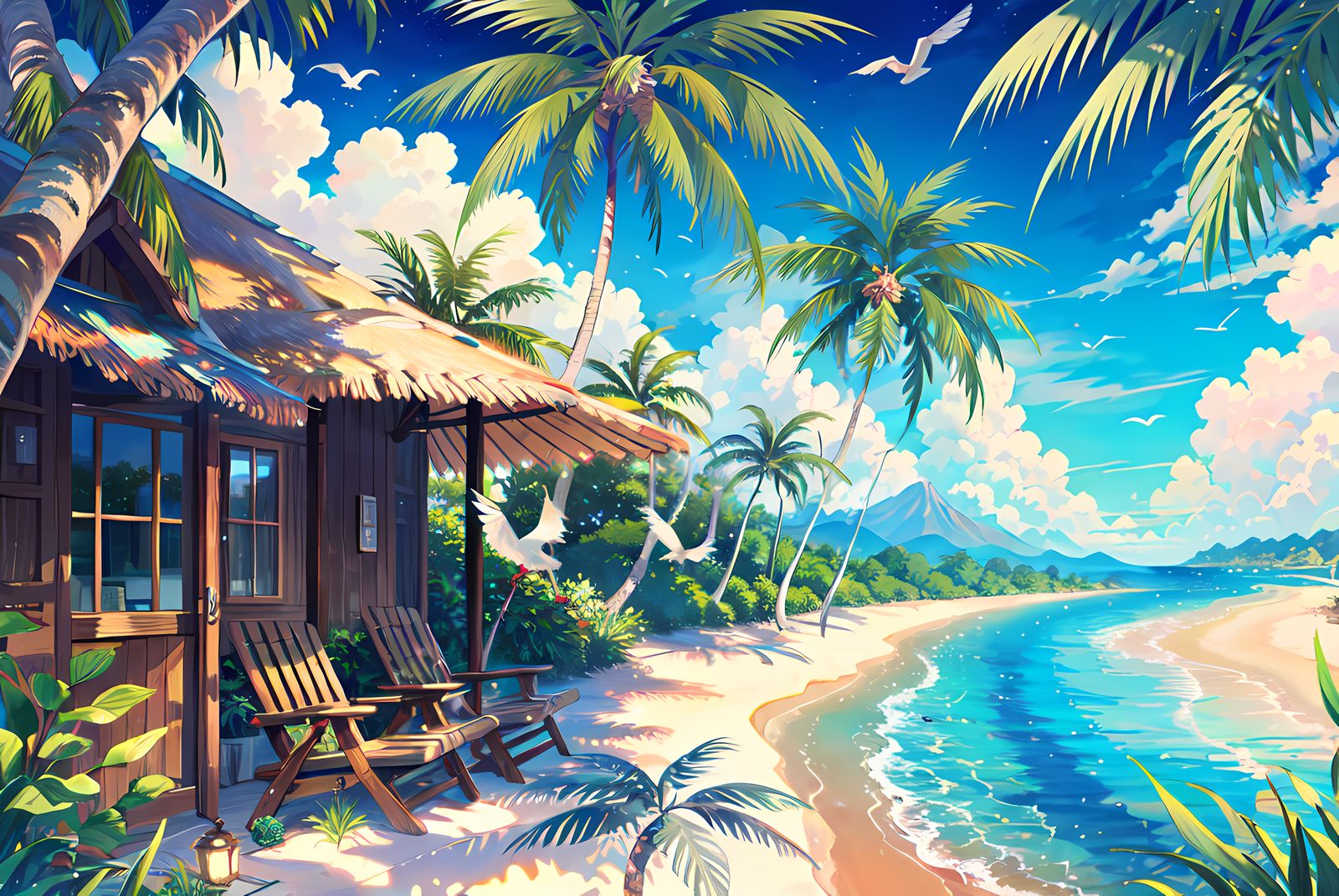 热带海滩小屋插画图片壁纸