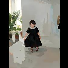 黑发小姐姐独立站在花盆旁的画中画。插画图片壁纸