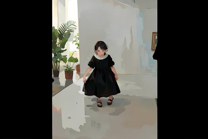 黑发小姐姐独立站在花盆旁的画中画。插画图片壁纸