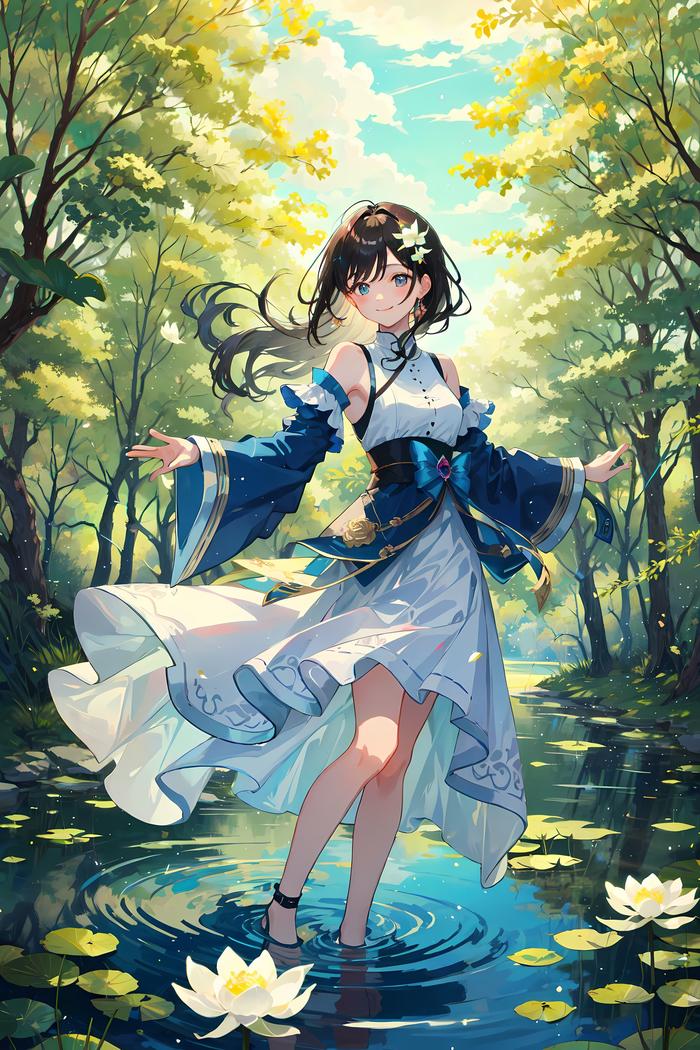 莲花池畔白衣少女，耐心等待蝴蝶横过水面插画图片壁纸