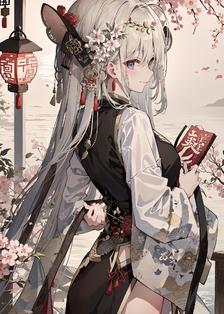 樱花美少女挥舞花枝插画图片壁纸