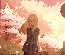 樱花树下，少女立于秋日，披上毛衣，红袜白裙飞簇簇，眼中含笑，飘落的花瓣轻盈而到来。