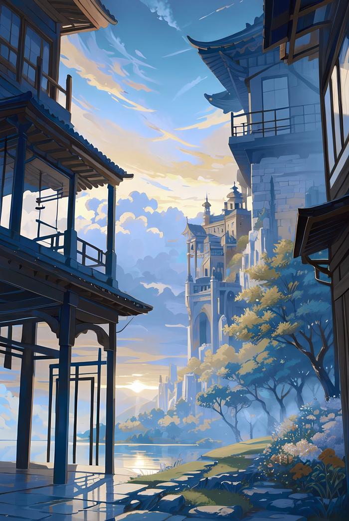 夕阳之晨，雲漫天空，架橋橋上，一城萬景。插画图片壁纸