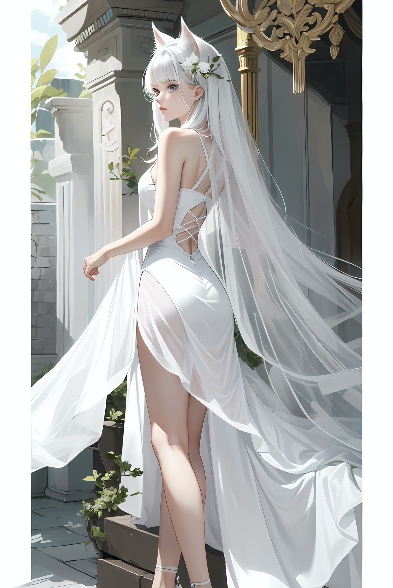 白裙长发少女独自登阶，惊艳动人。