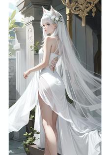 白裙长发少女独自登阶，惊艳动人。插画图片壁纸