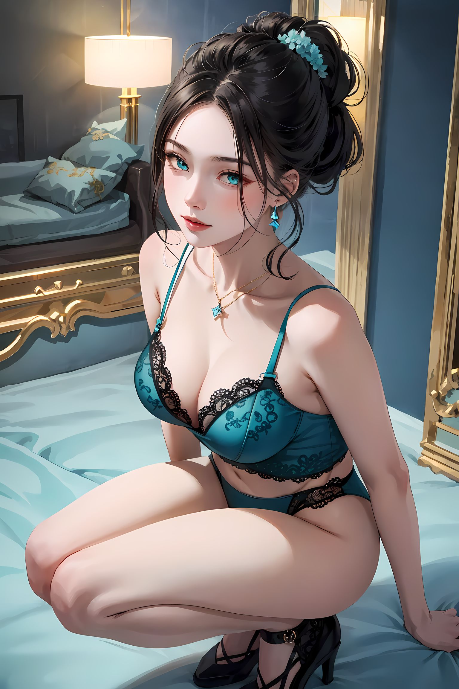 黑发女孩床上妆容完美搭配性感内衣珠宝！