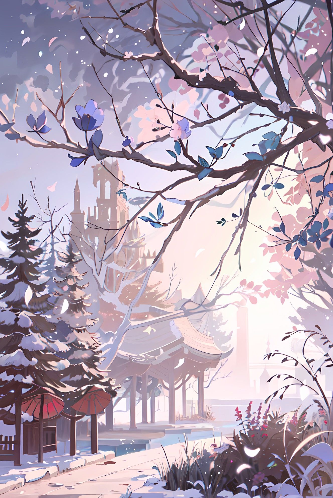 樱花藤与雪景插画图片壁纸