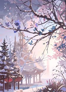 樱花藤与雪景插画图片壁纸