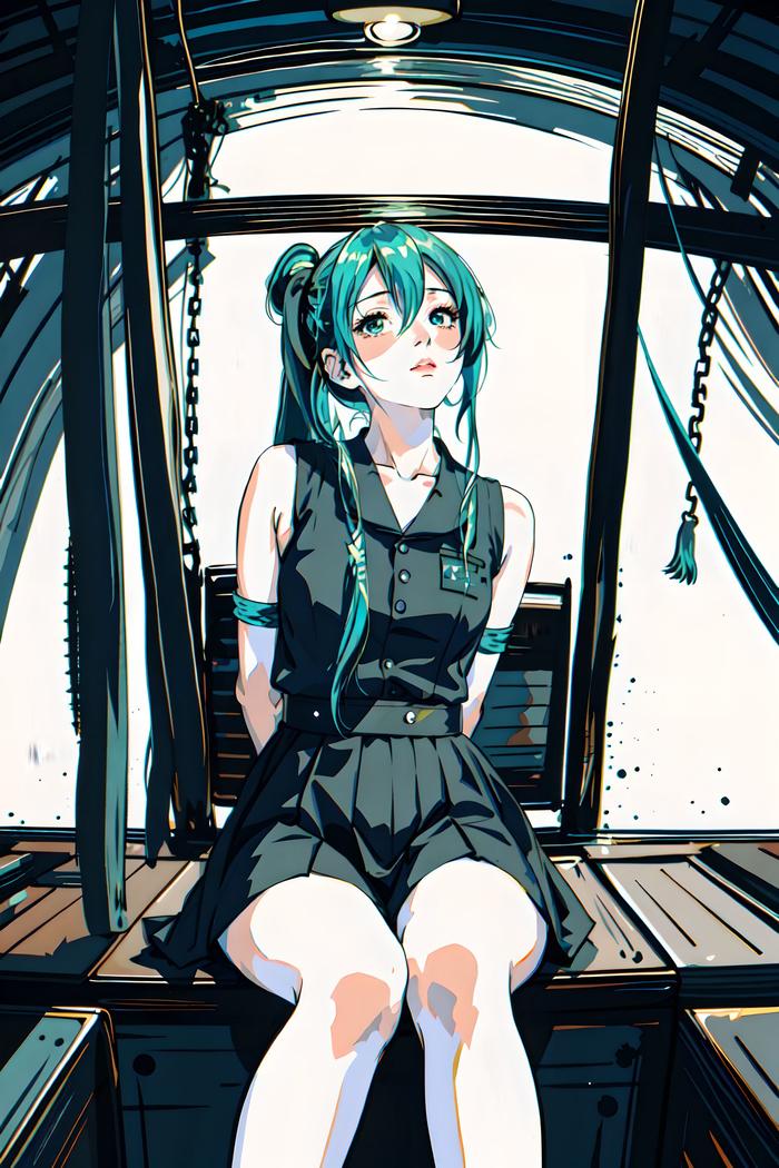 长发初音独坐，背后双臂裙边袅娜，发丝双眸间。插画图片壁纸