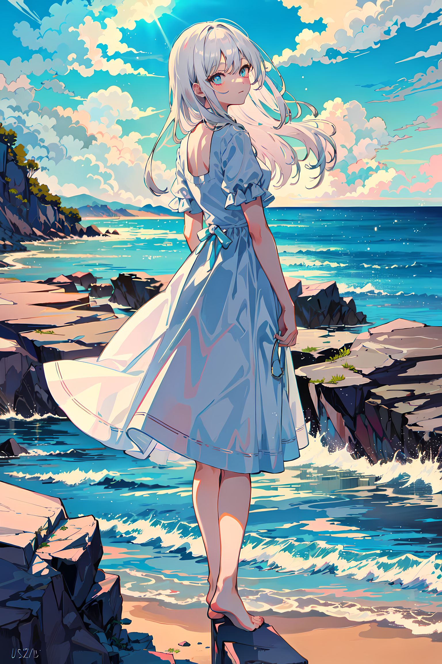 海边的少女插画图片壁纸