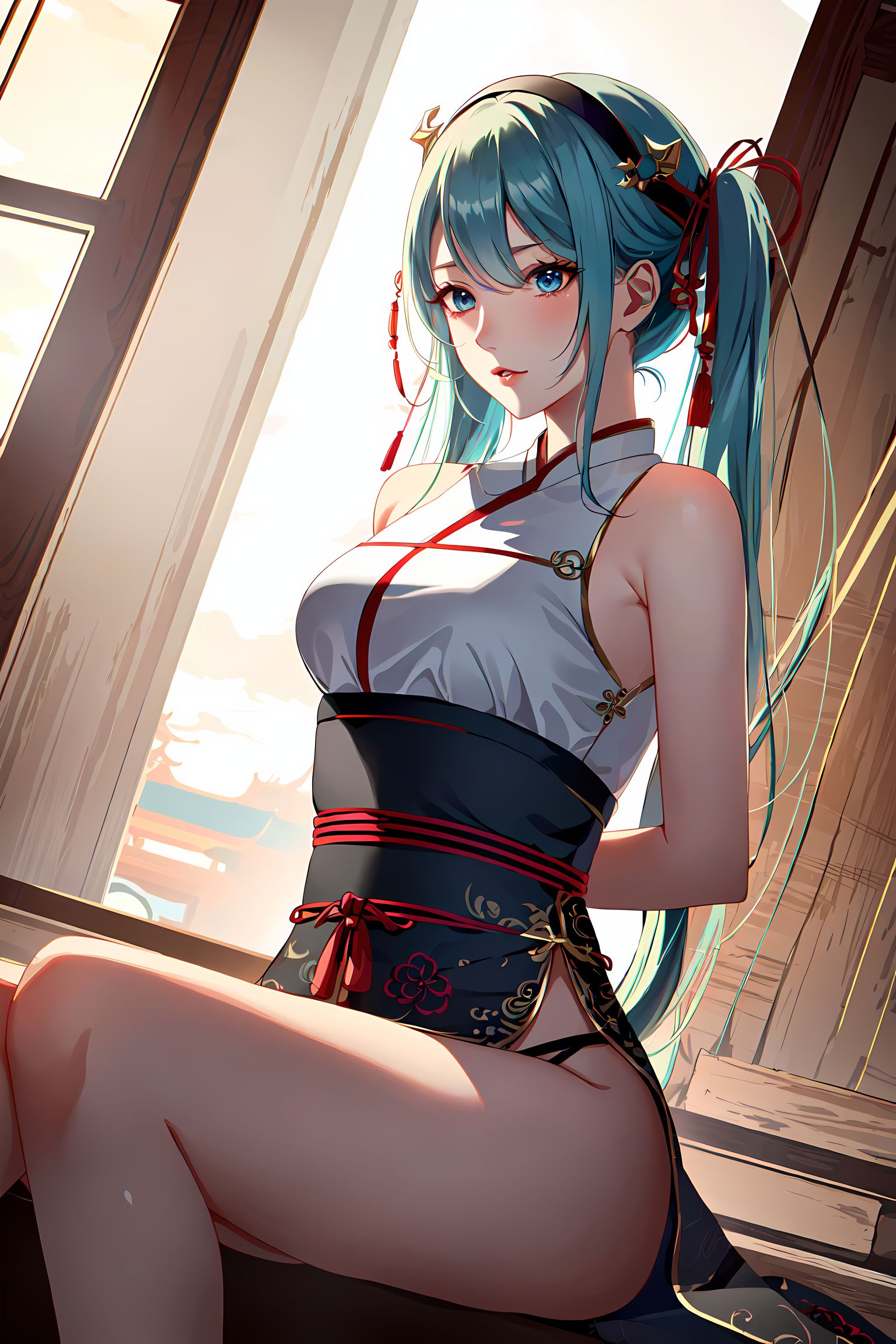 初音绿发长妹子闺房露香肩