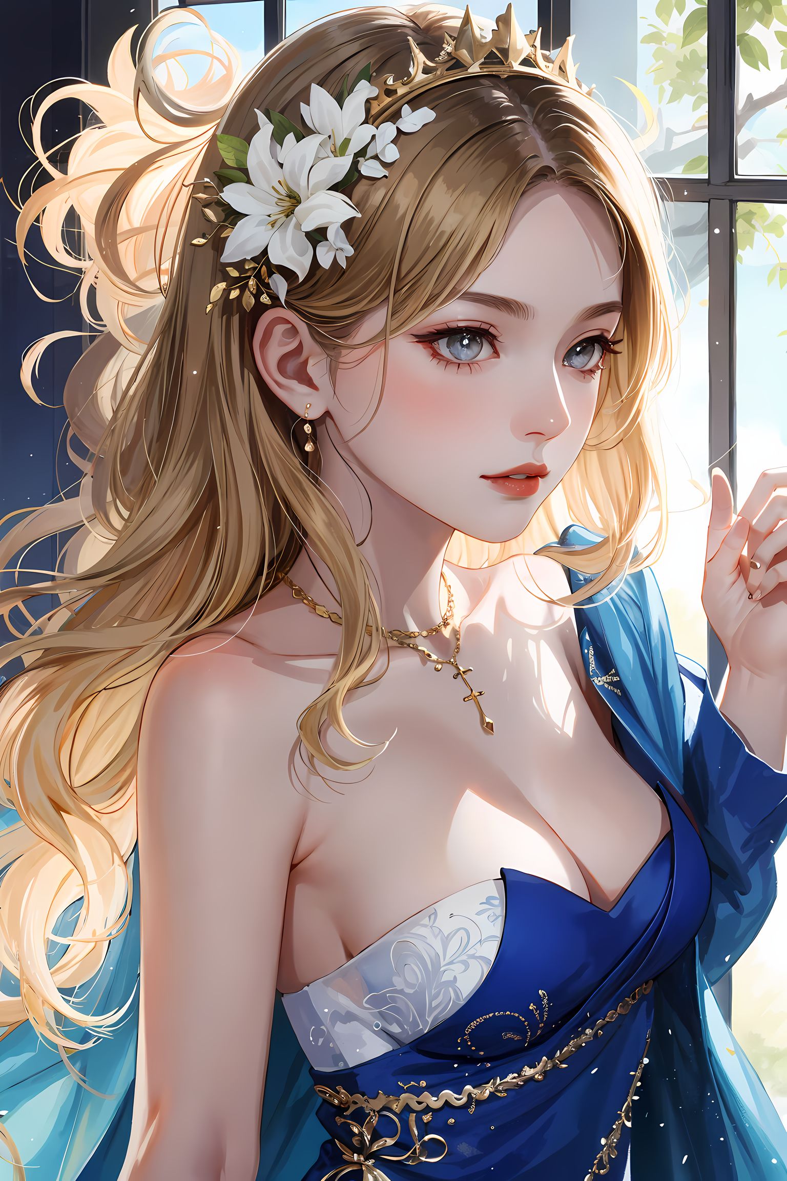 蓝裙美女花香四溢插画图片壁纸