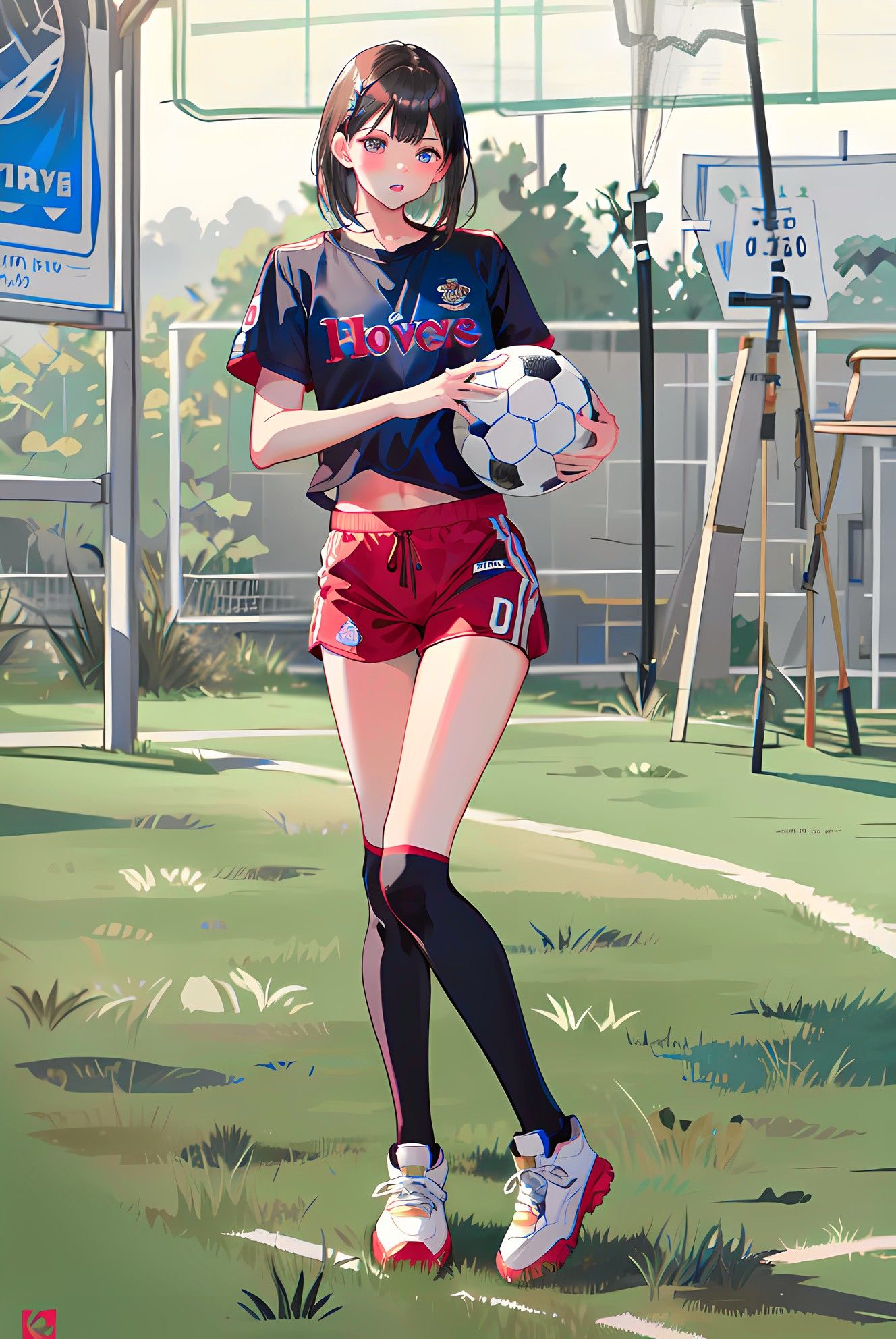 足球女孩小姐姐在草地上露腰露肚地踢球插画图片壁纸