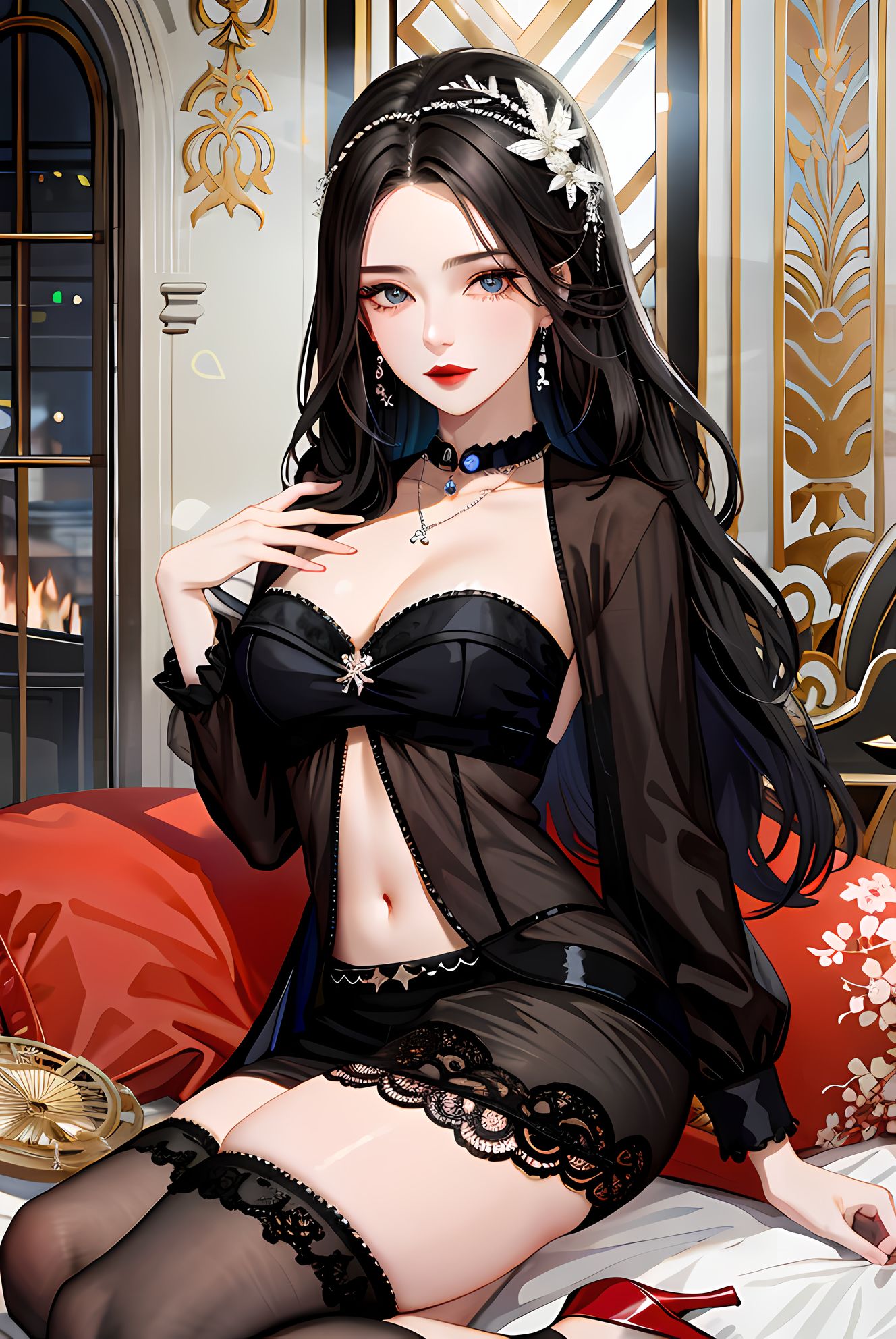 少女窗前盘腿坐，蓝眸凝视瞩望。插画图片壁纸