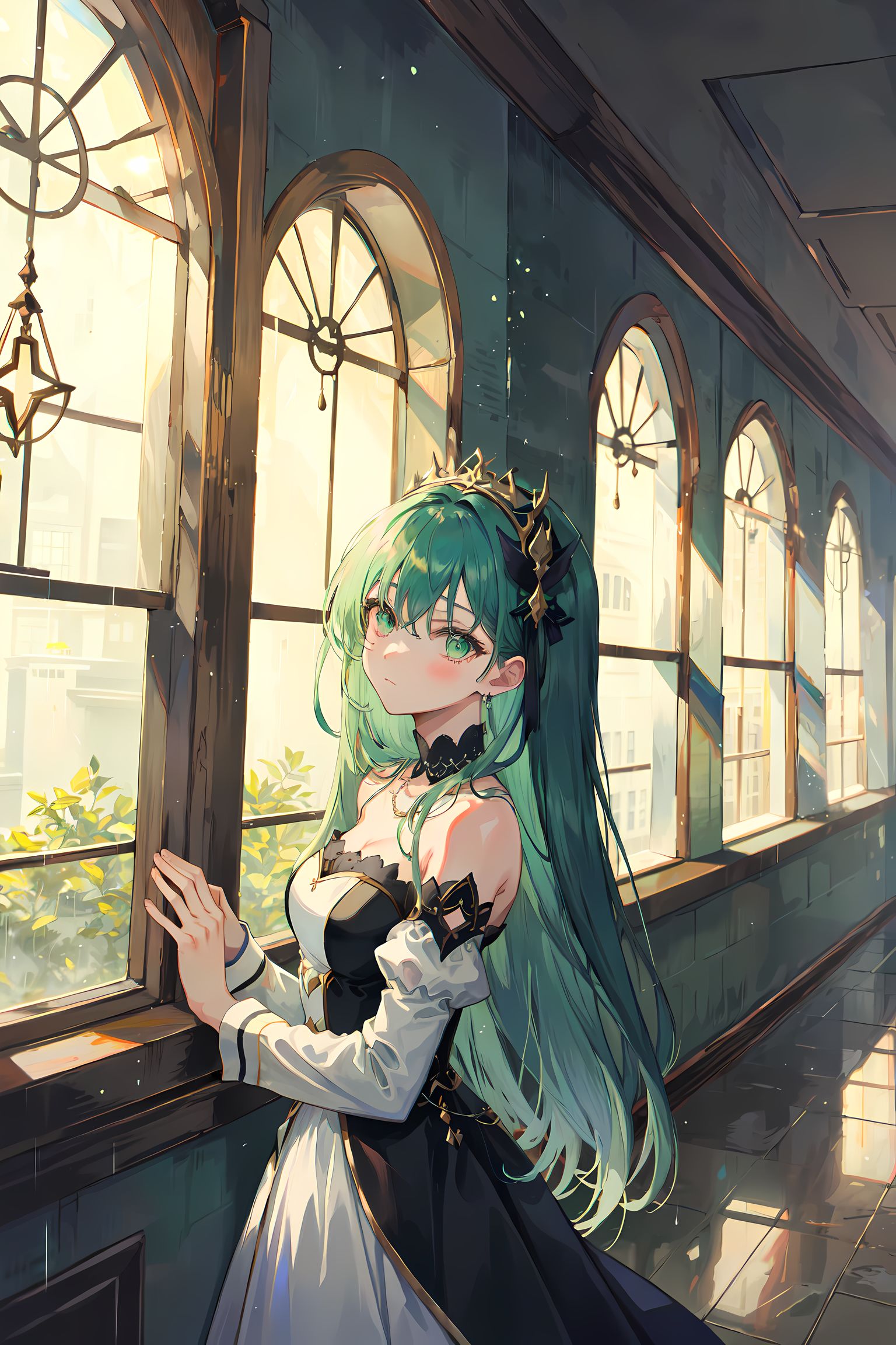 窗边少女独舞，翠绿长发长袖美丽盈胸。