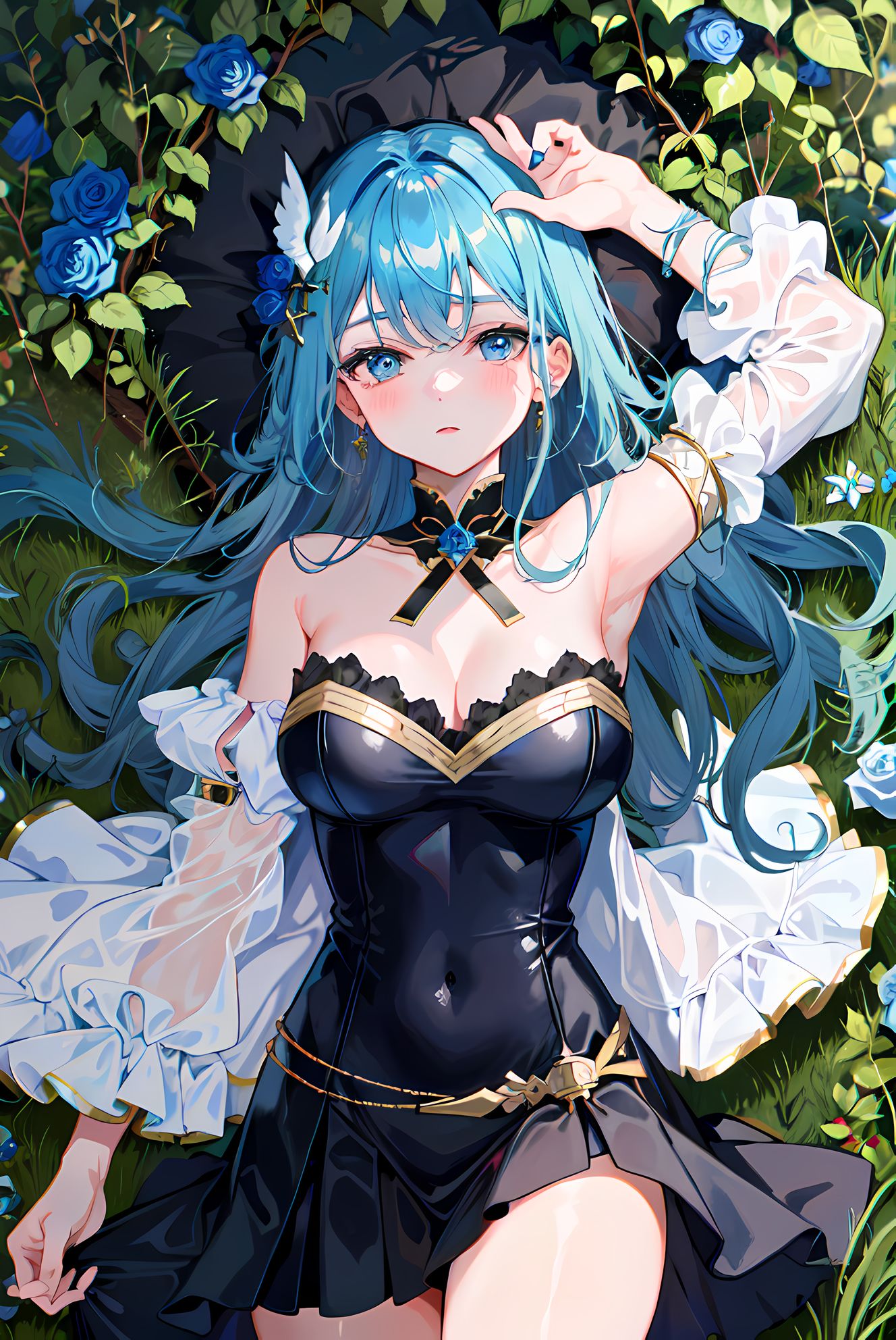 蓝色花海少女插画图片壁纸