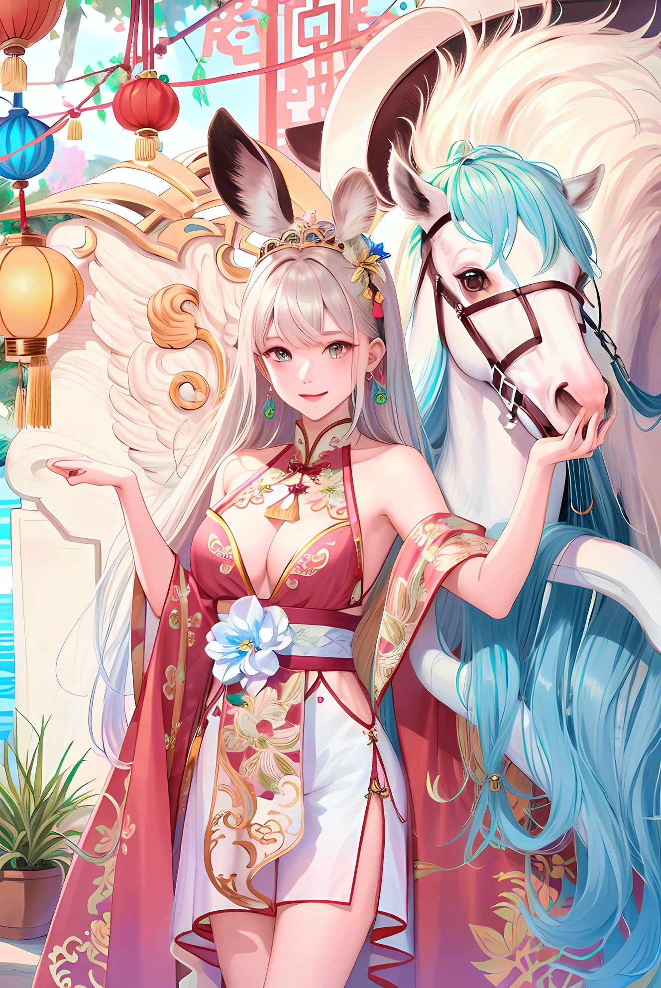 元宵佳节美少女，笑容甜美迎客来。插画图片壁纸