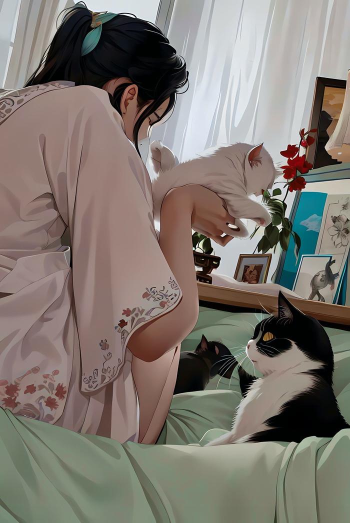黑发少女室内与猫咪对话插画图片壁纸